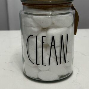 Rae Dunn “CLEAN.” Glass Jar w/ Wood Lid – NWT – Includes Cotton Balls